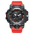 Electronic dual-display sports watch with plastic case and 50m waterproof rating