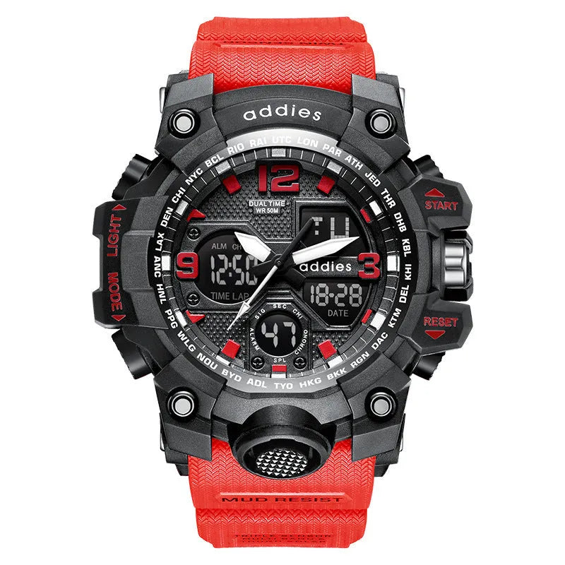 Electronic dual-display sports watch with plastic case and 50m waterproof rating