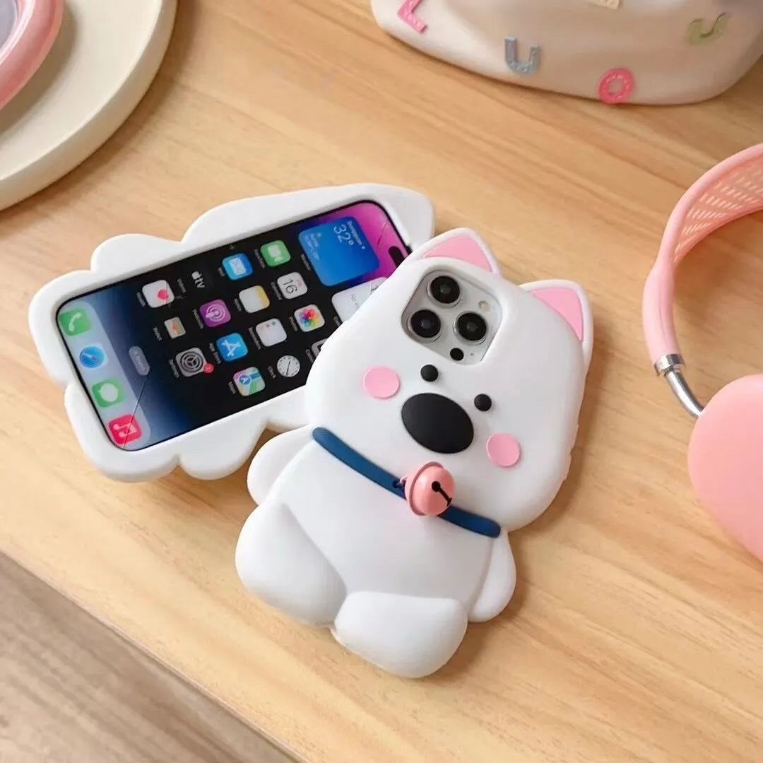 Pink silicone phone case with cartoon little white dog and bell charm for iPhone