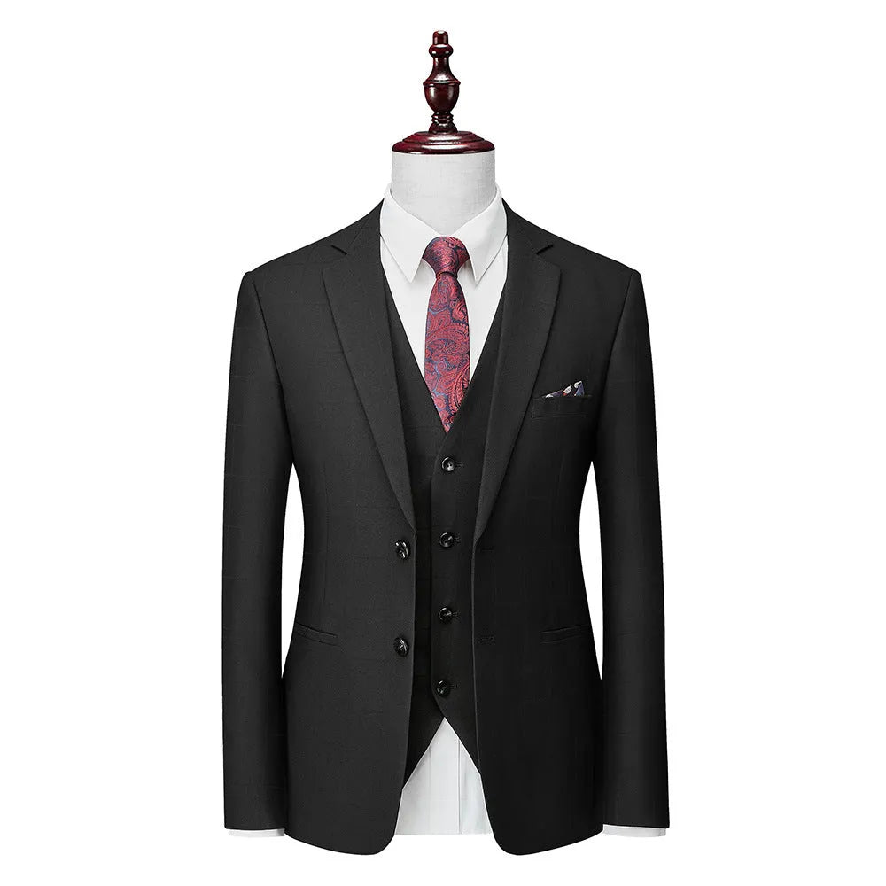Men's navy blue plaid slim fit three-piece suit showing vest, jacket and trousers
