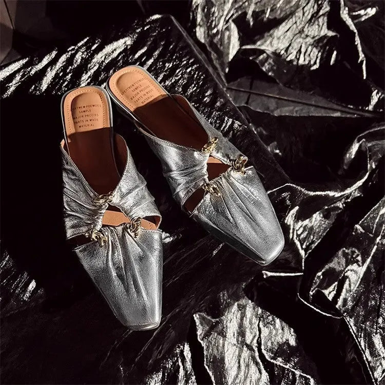 Women's genuine leather half toe cap slippers in silver with square toe and low heel