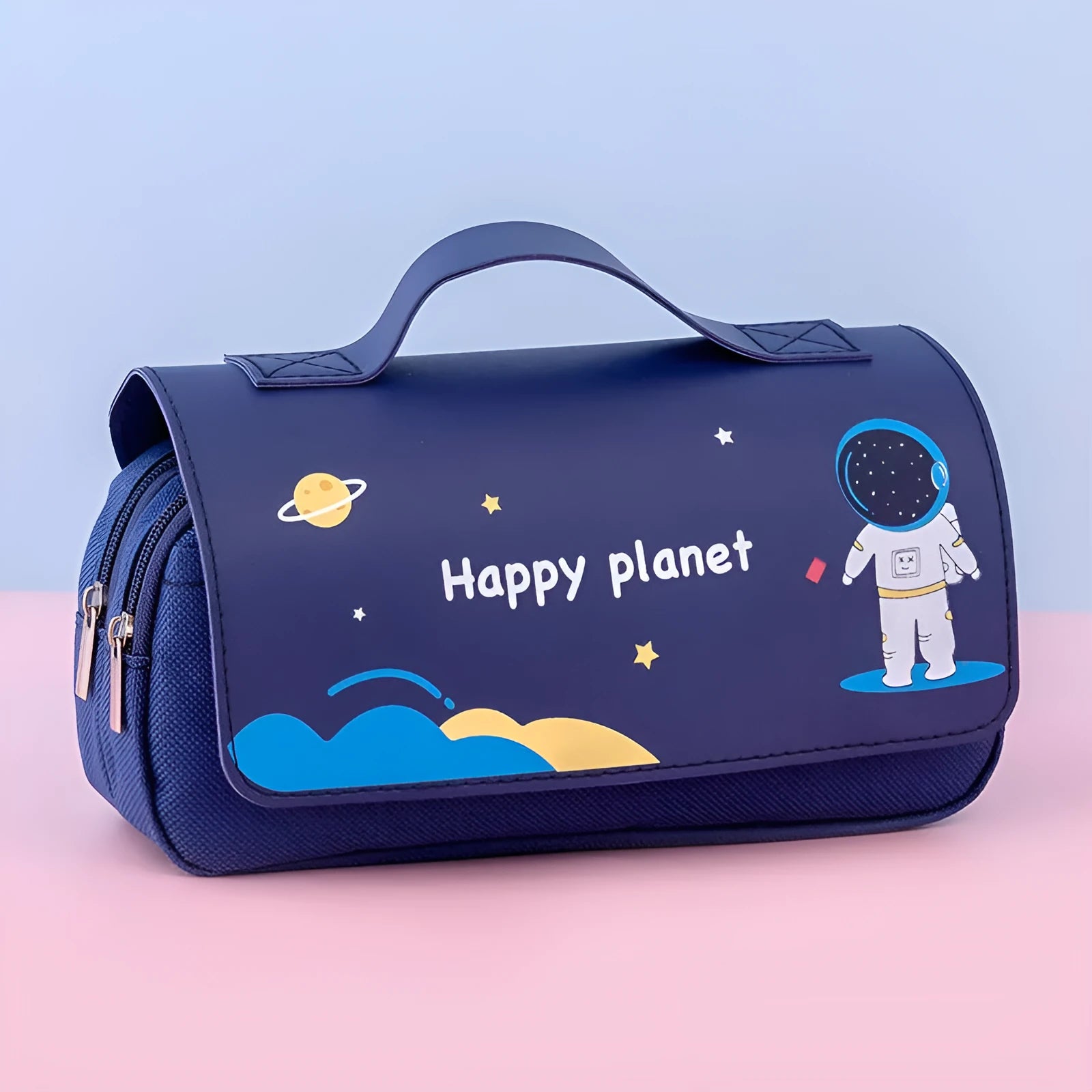 Large-capacity canvas flip pencil case with hand-painted cartoon planet pattern in blue, 21x10cm, square shape
