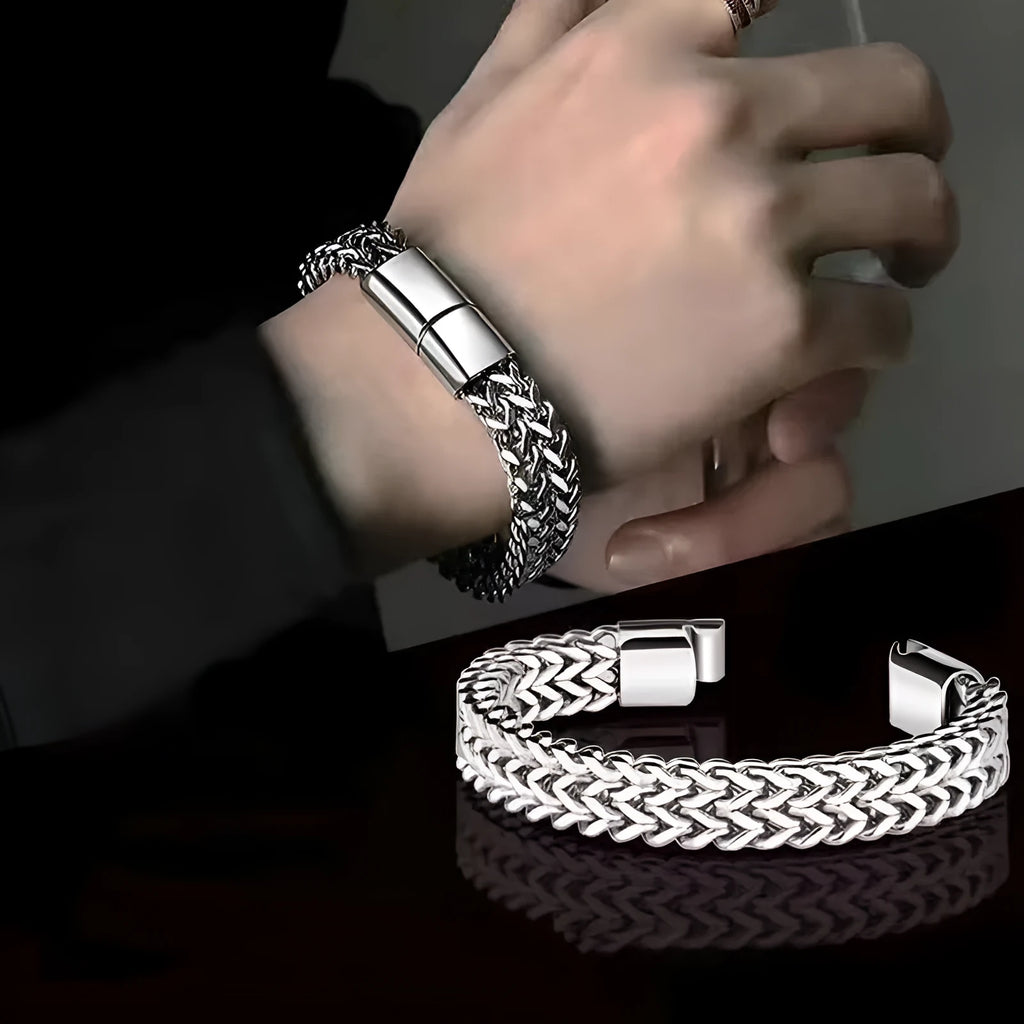 Silver titanium steel geometric hip hop bracelet showing front and back design with chain links