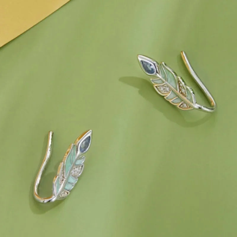 Mori Style feather stud earrings in S925 sterling silver with white gold plating, 12mm by 6mm, natural style for women