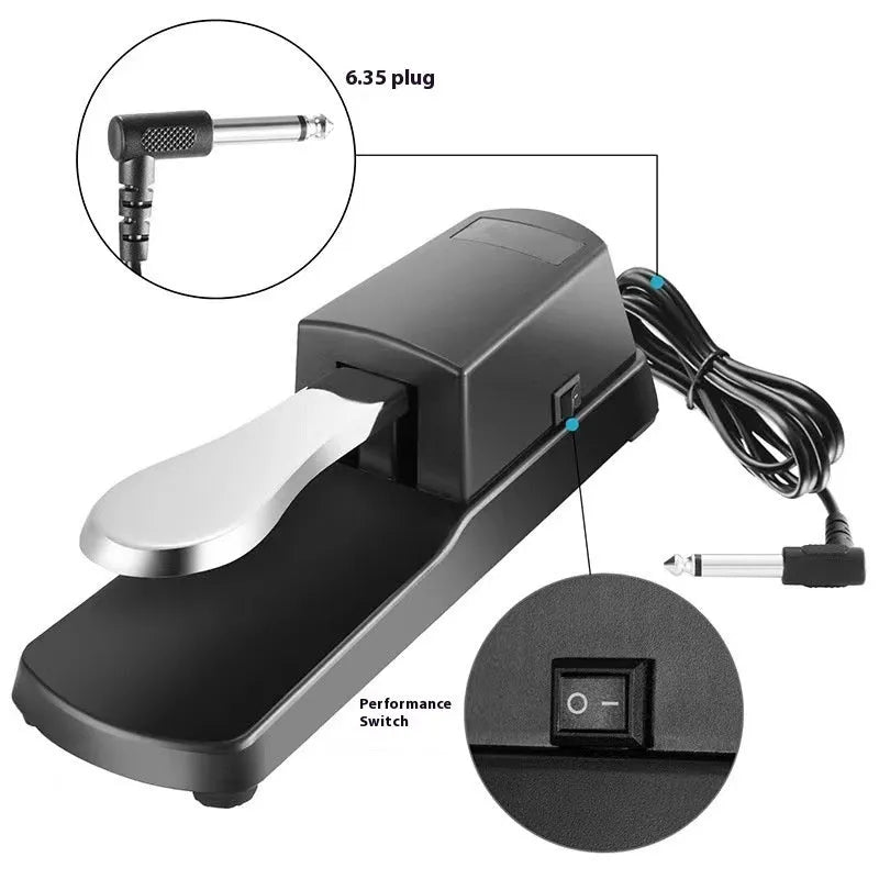 Black universal single leg sustain pedal for electronic keyboards with 6.35mm jack cable