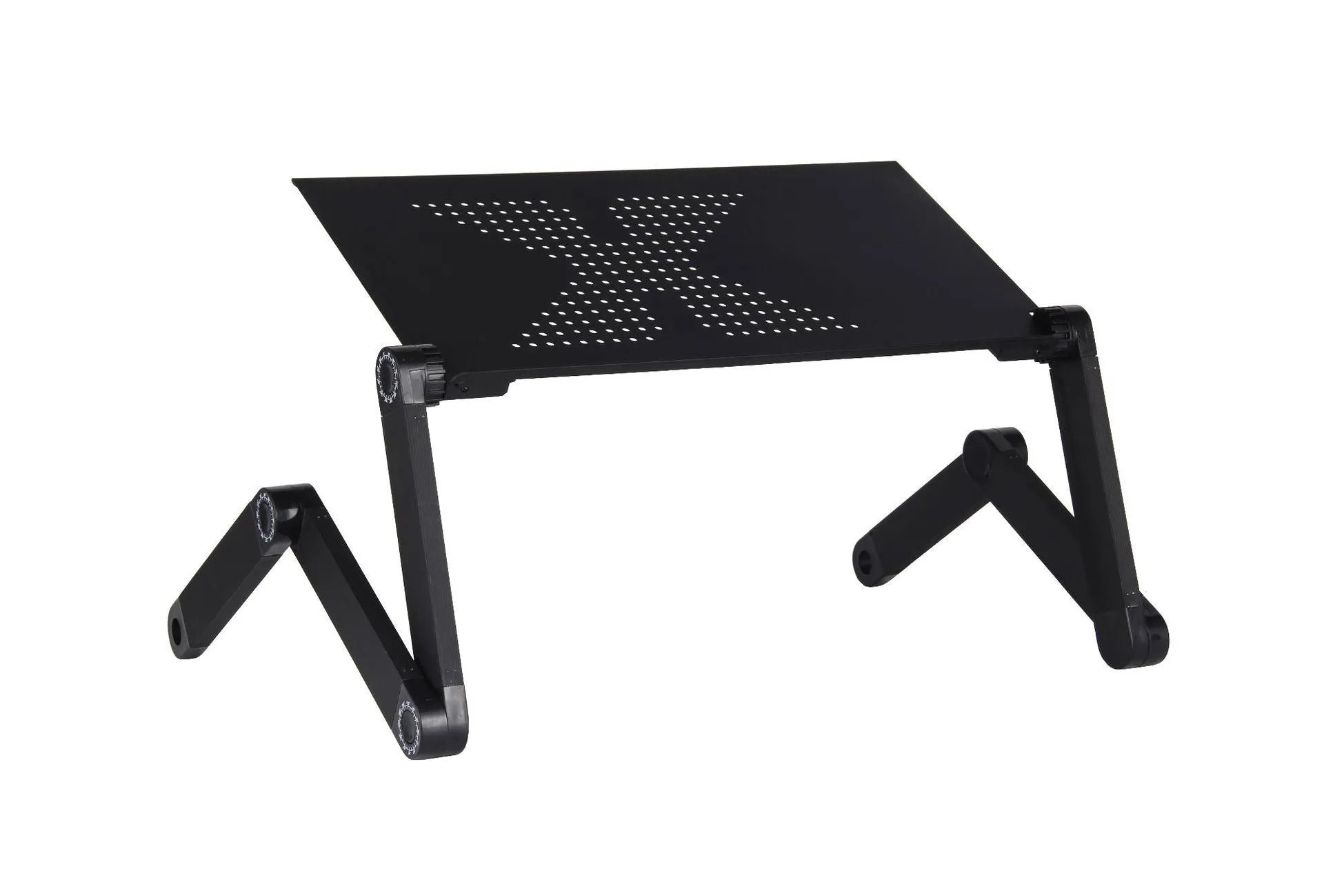 Black vertical folding metal laptop desk with ventilated surface and adjustable height showing legs extended