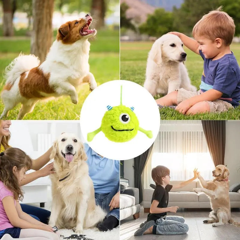 Green plush and TPR interactive sound-activated ball dog toy for teething puppies.