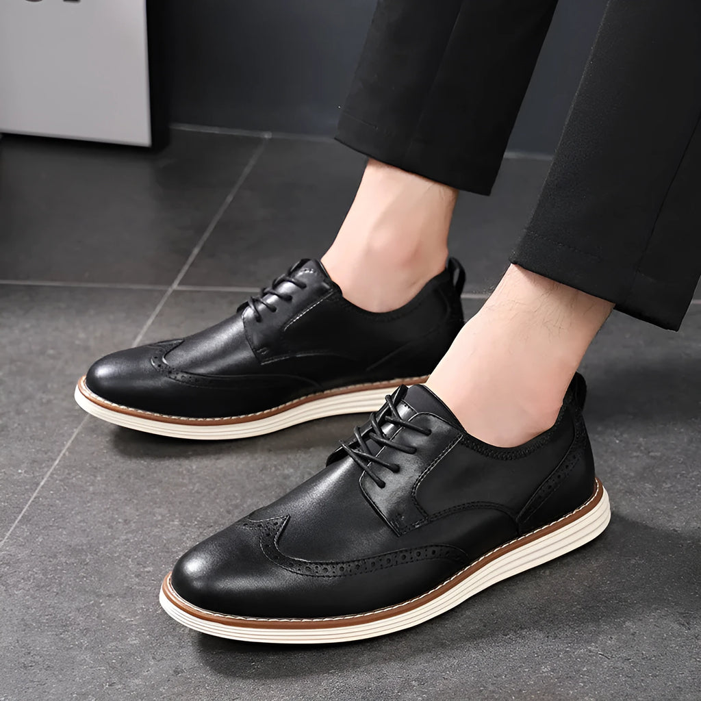 Men's black and brown slip-on business casual shoes with round toe and low-top profile