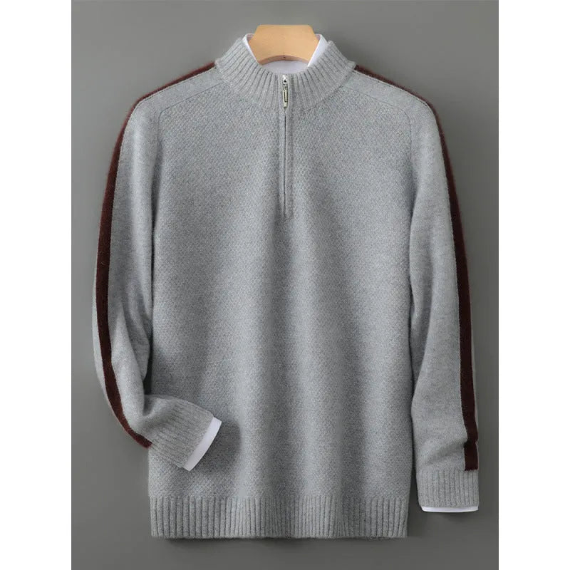 Half-zip round neck slim fit sheep wool knitted sweater in grey.