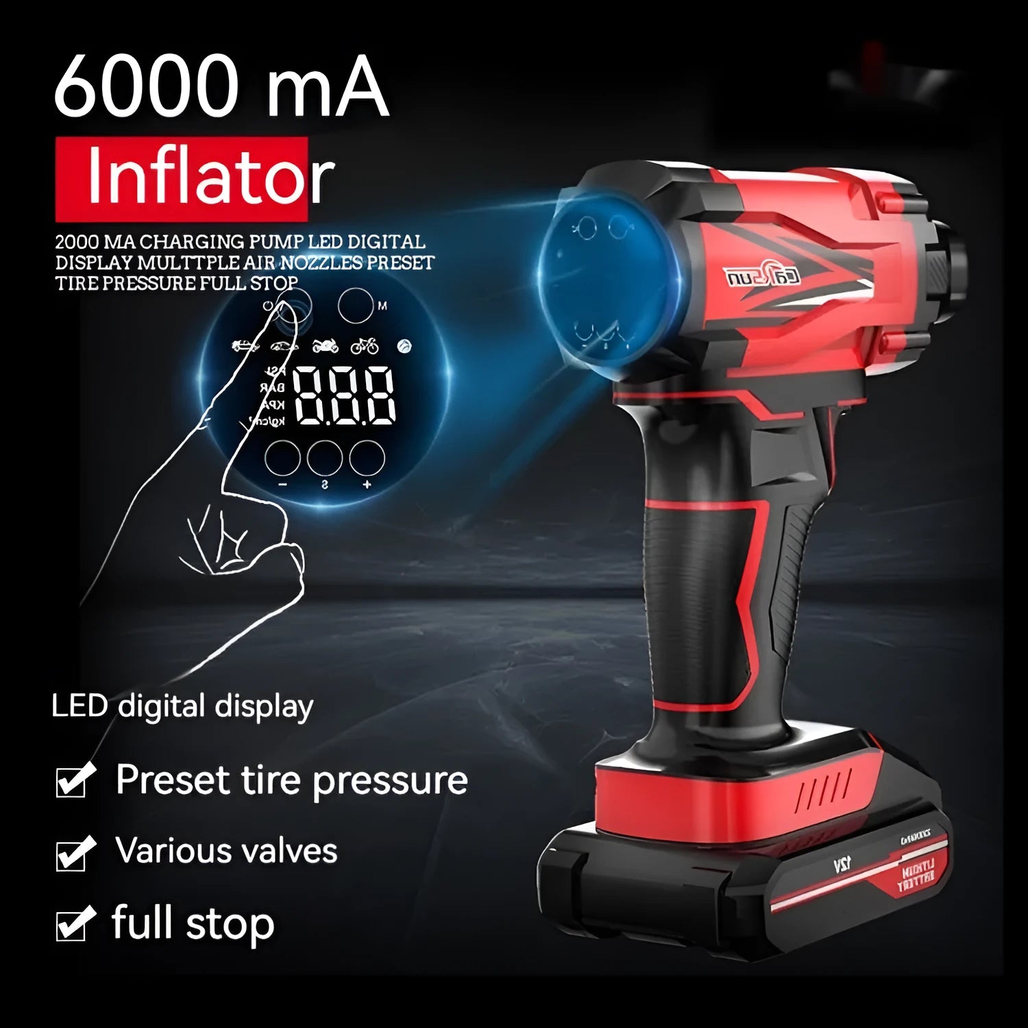 Red and black portable wireless car air pump with battery, power cable, and sports ball adapters