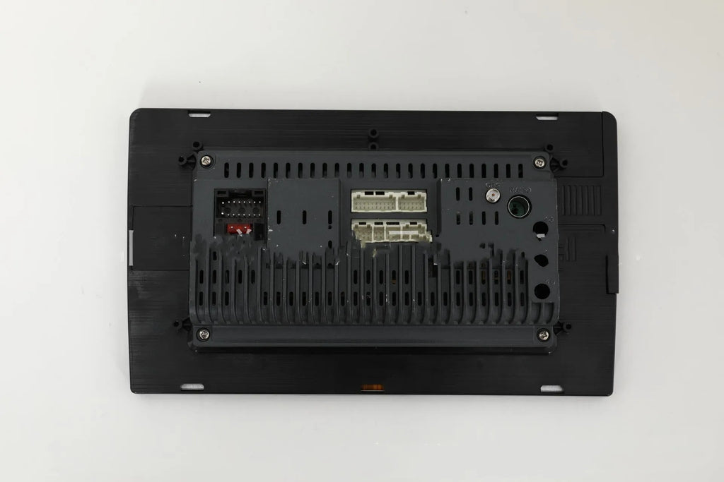 Black Android car stereo with touch screen display showing GPS navigation interface