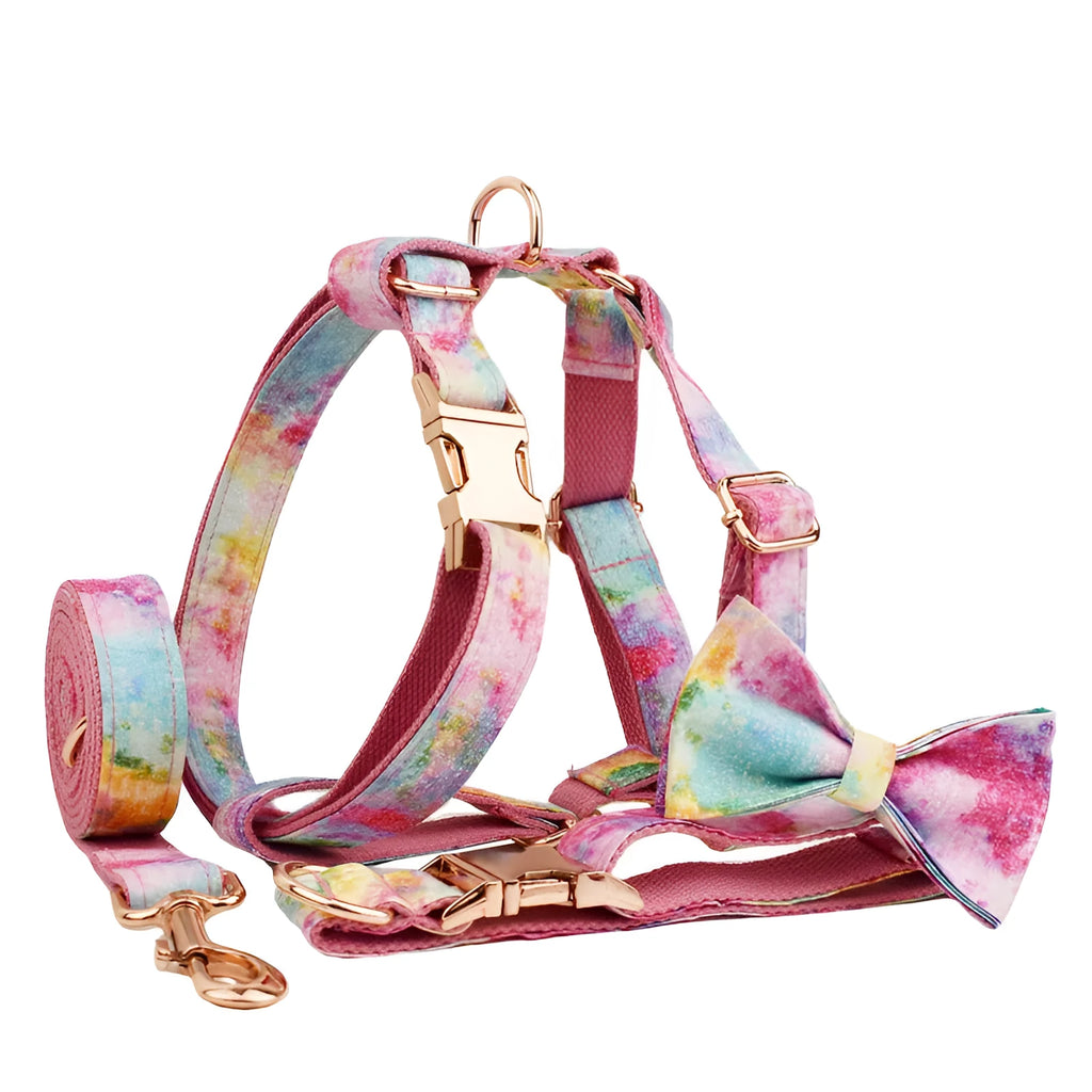 Bronzing cloth dog collar leash bow vest four-piece set on foundation for small to large dogs