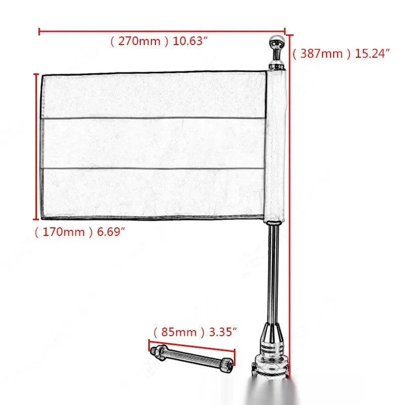 Black and silver aluminium motorcycle flagpole for mounting on luggage racks and top boxes.
