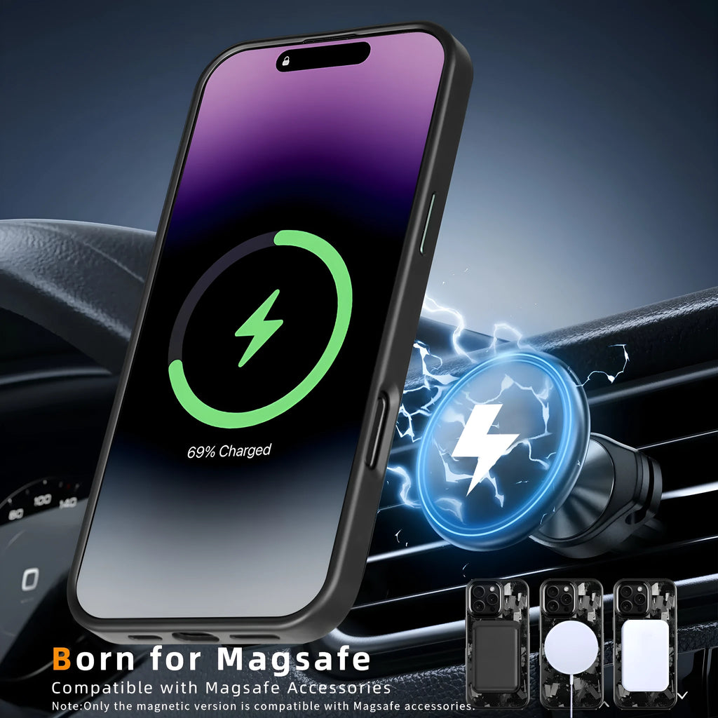 Black frame blue gold metal and carbon fibre protective case for iPhone 17 with a magnetic feature and forged pattern design.