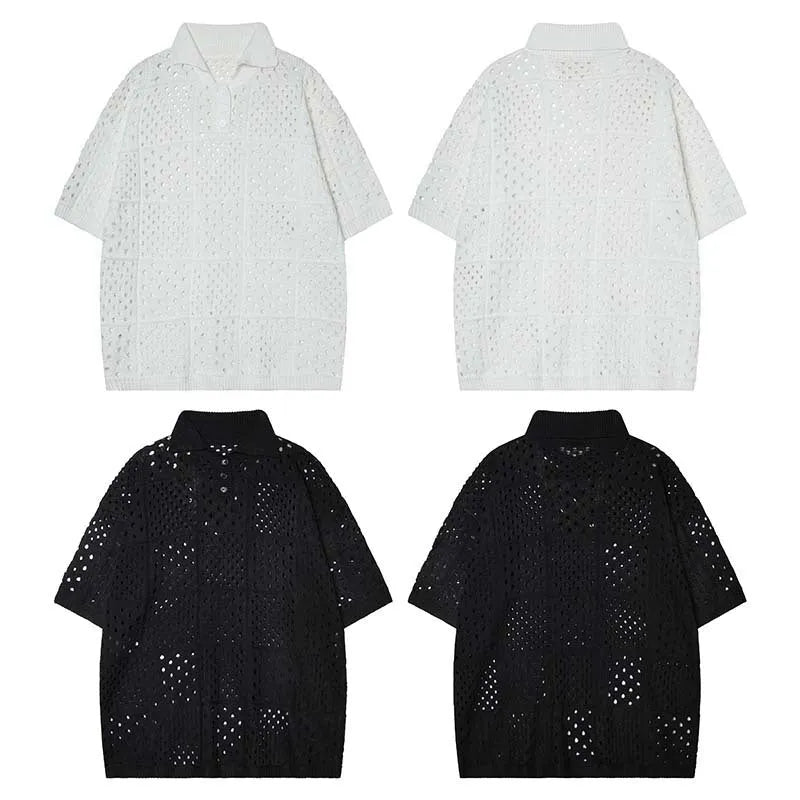 Teenager wearing a solid black loose-fit short-sleeved polo shirt with a hollow knitted texture.