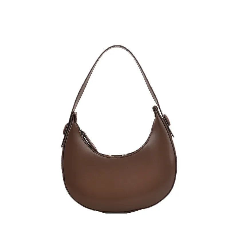 Women's retro-style PU shoulder bag in a dumpling shape, shown in one of four colours: black, cream yellow, brown, or white.