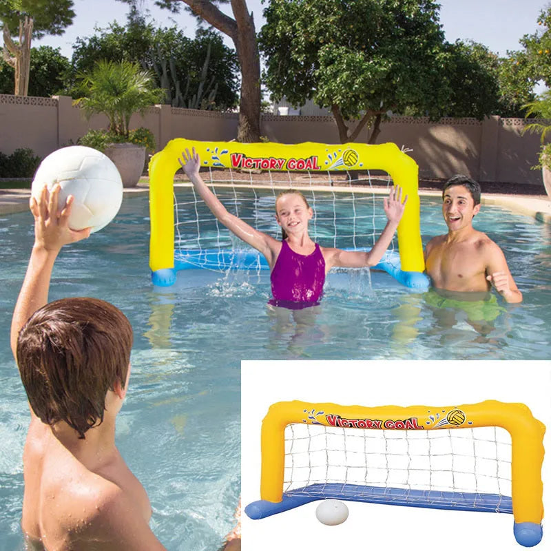 Inflatable pool basketball hoop and ring toss game set floating on water near a swimming pool