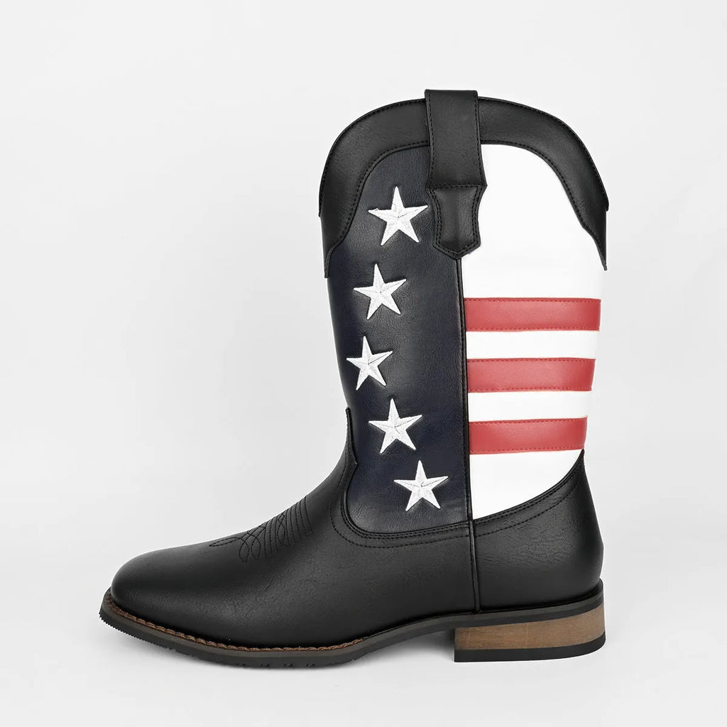 Men's black cowboy boots with a five-pointed star design and low square heel.