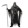 Adult Halloween costume set with ghost headgear, robe, belt, and gloves on display