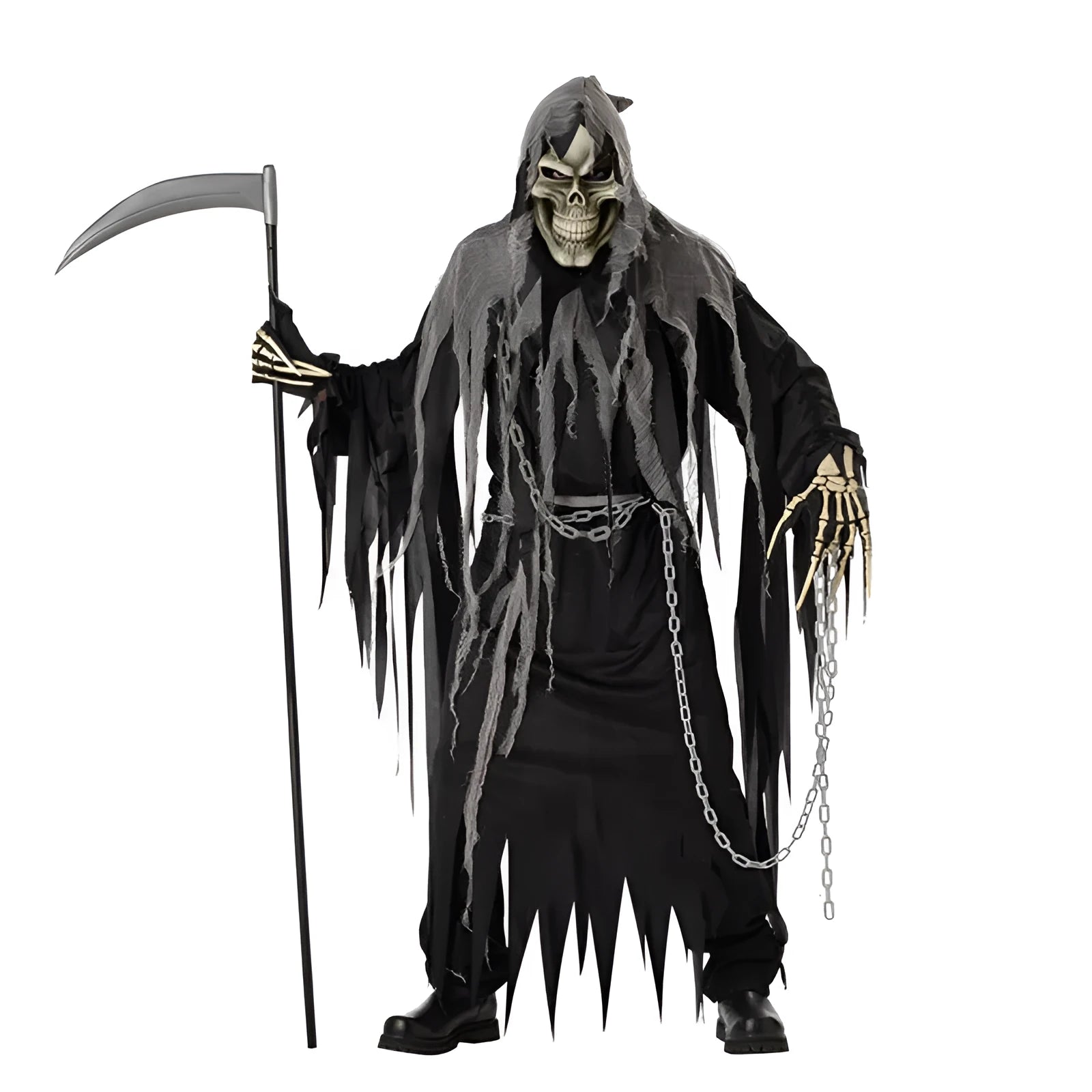 Adult Halloween costume set with ghost headgear, robe, belt, and gloves on display