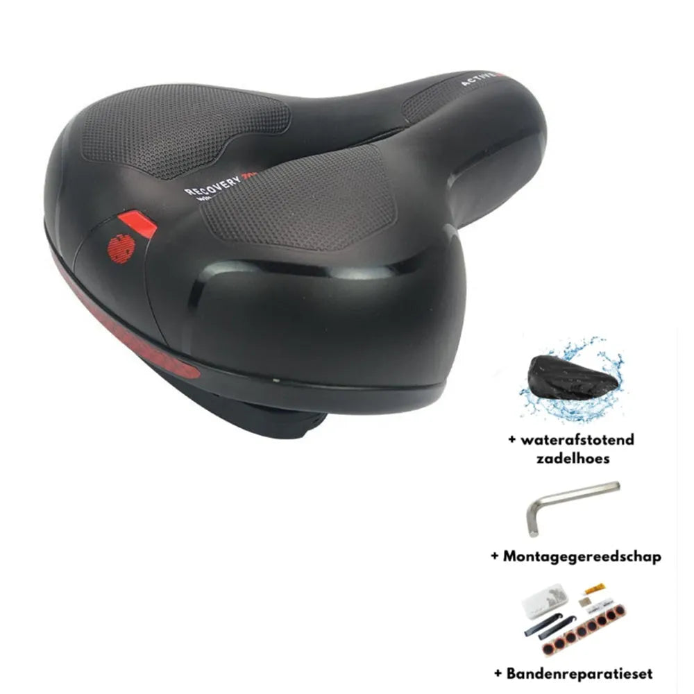 Bicycle saddle silicone gel cushion with PU leather cover, waterproof cover, wrench, and tyre repair kit.