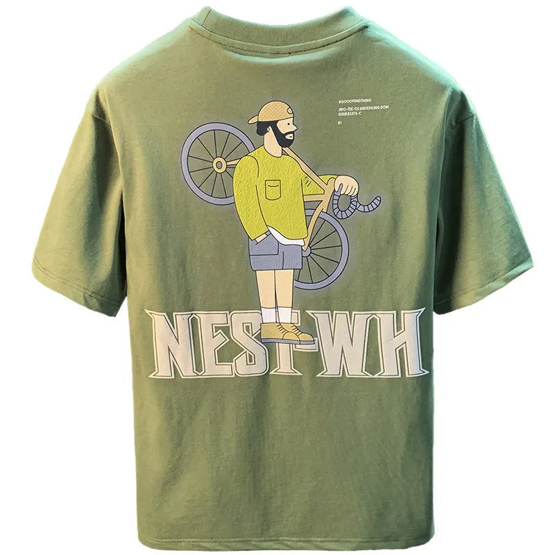 Green loose fit men's t-shirt with a trendy literary youth print on the front.