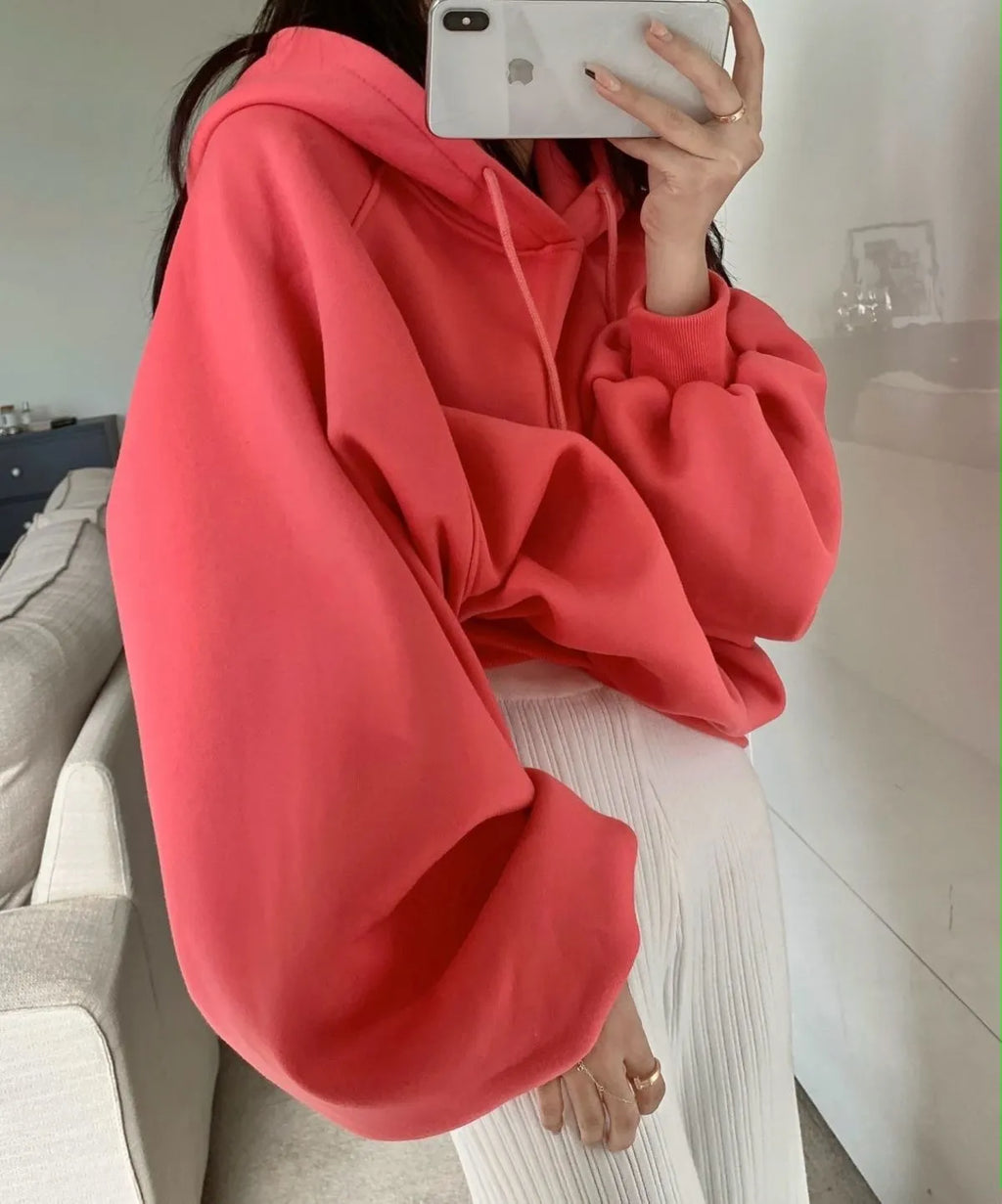 Women's watermelon red sleeveless hooded pullover sweater in loose fit made from mulberry silk