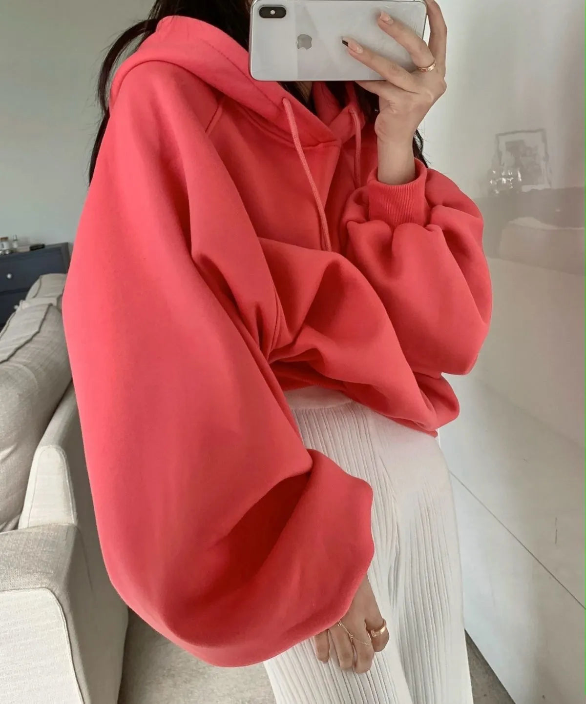 Women's watermelon red sleeveless hooded pullover sweater in loose fit made from mulberry silk