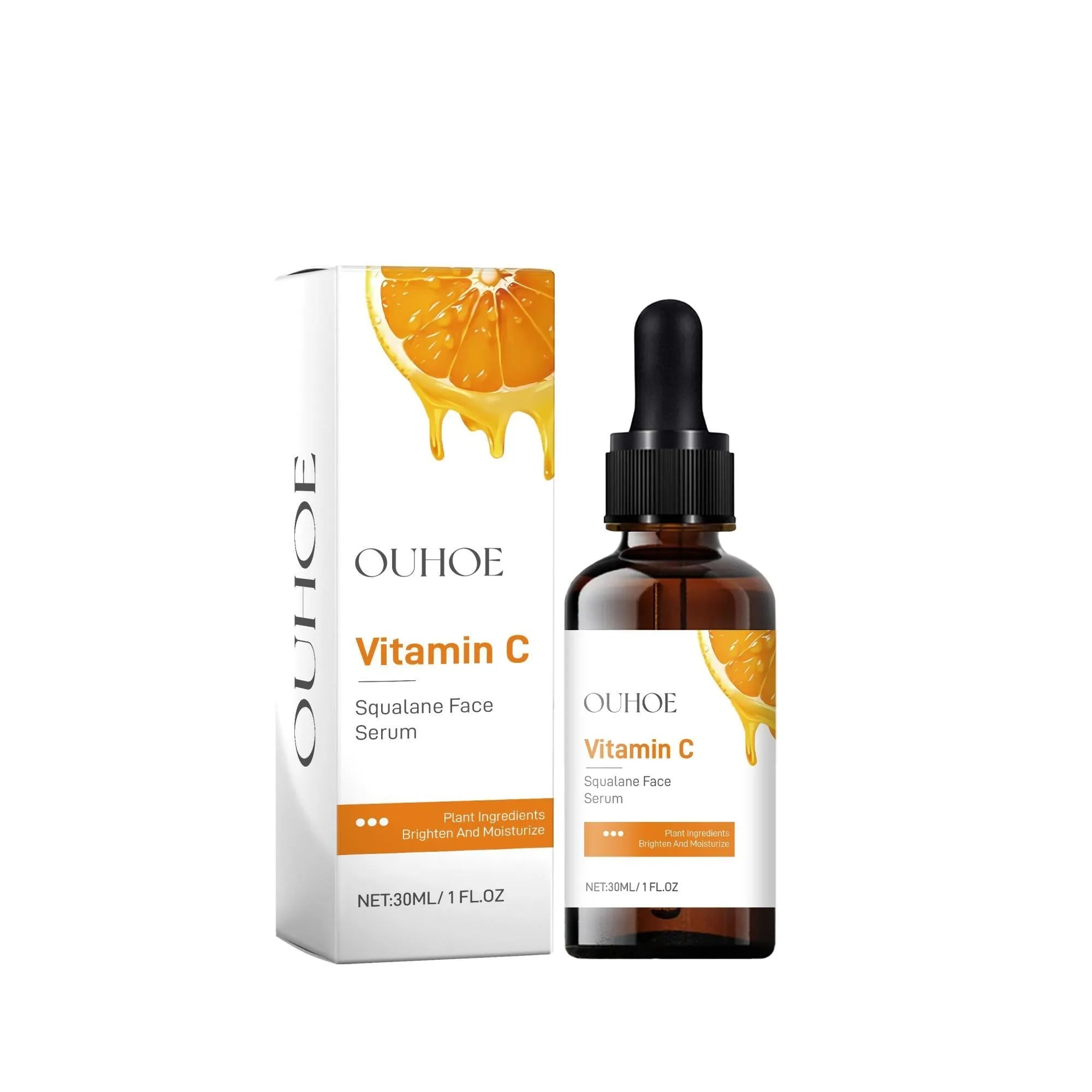 Squalane face serum in a PET bottle with vitamin C, hyaluronic acid, collagen for hydration, 3x3x10.5cm