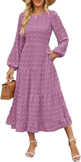 Women's long sleeve dress with high waist and ruffled sleeves in autumn colours