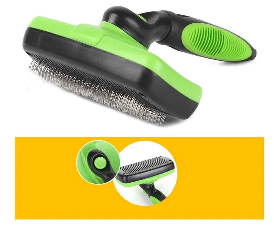Pet self-cleaning slicker brush with stainless steel needles and TPR handle, green colour