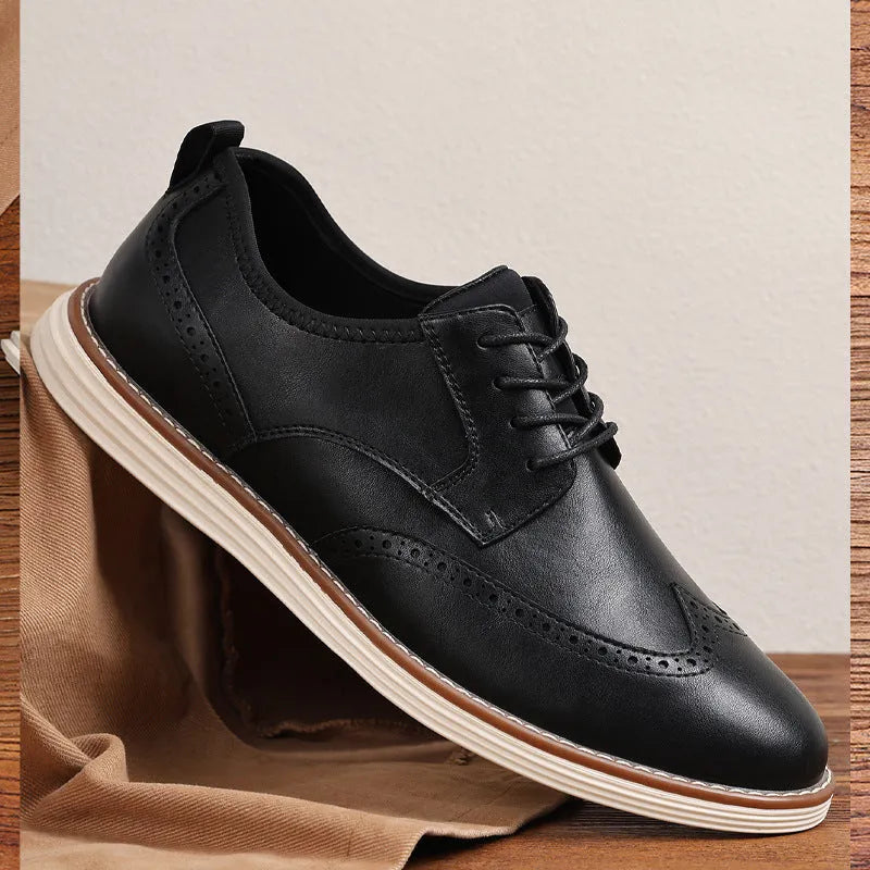 Men's black and brown slip-on business casual shoes with round toe and low-top profile