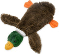 Green Wild Duck stuffless dog toy with squeakers, showing bottom fasteners for bottle insertion.