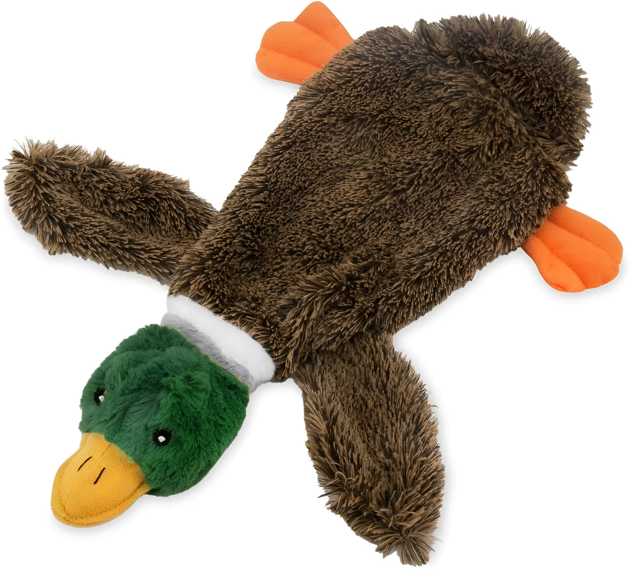 Green Wild Duck stuffless dog toy with squeakers, showing bottom fasteners for bottle insertion.