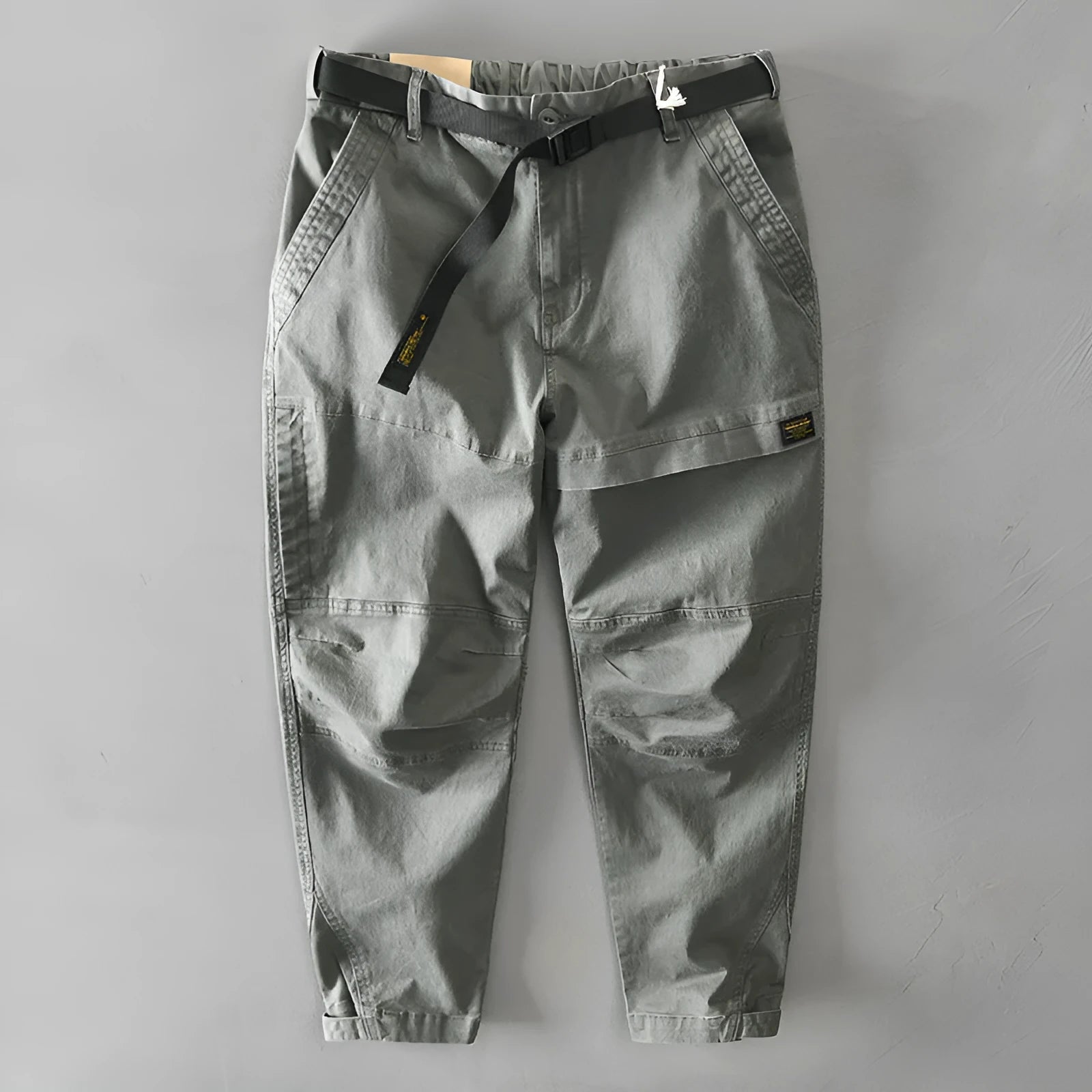 Men's khaki coloured cotton casual overalls with a loose fit and mid-waist design