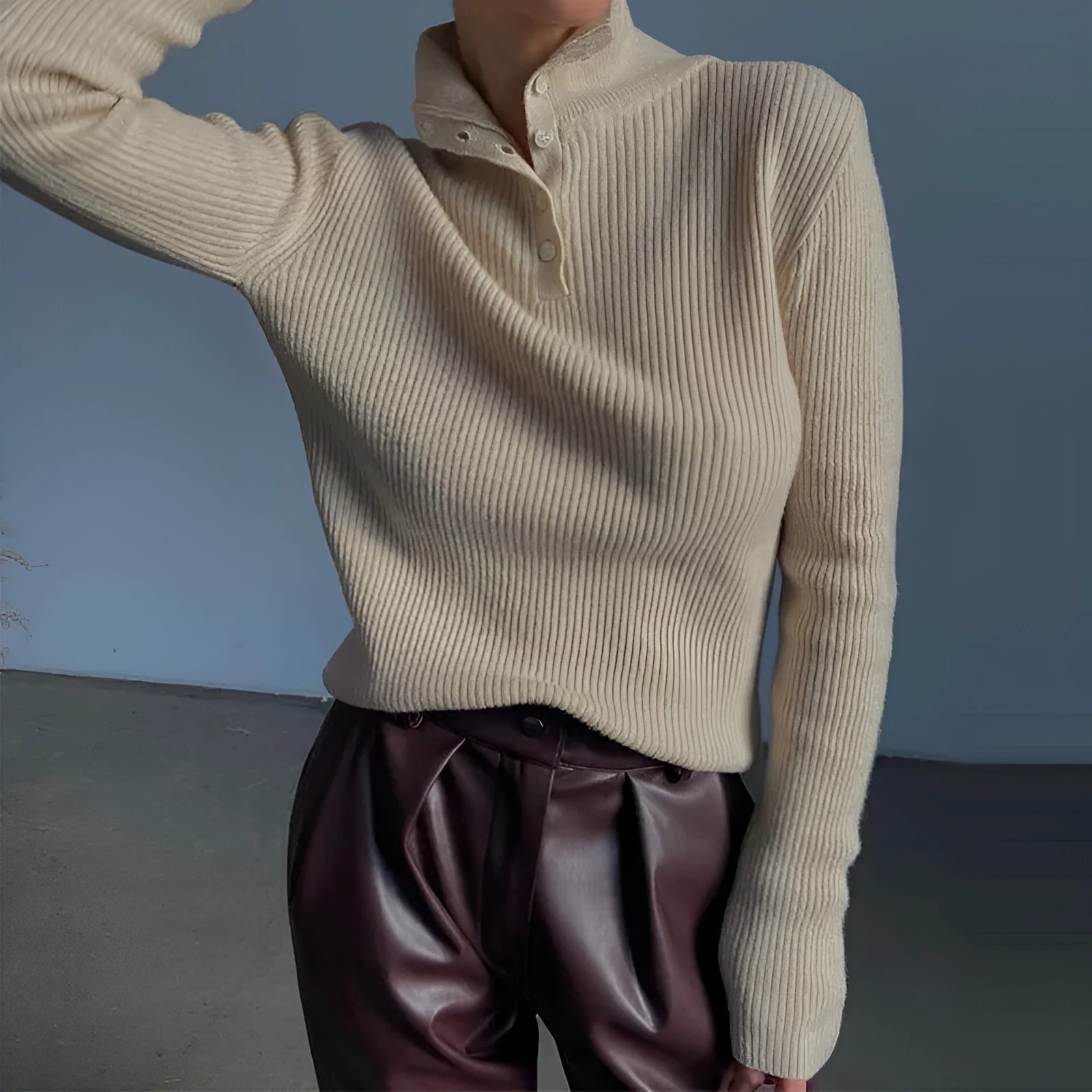 Women's silver grey half turtleneck pullover sweater with a single-breasted placket front.