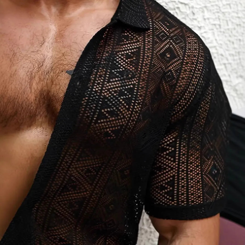 Men's black lace transparent short-sleeved cardigan shirt in polyester, front view, summer fashion style