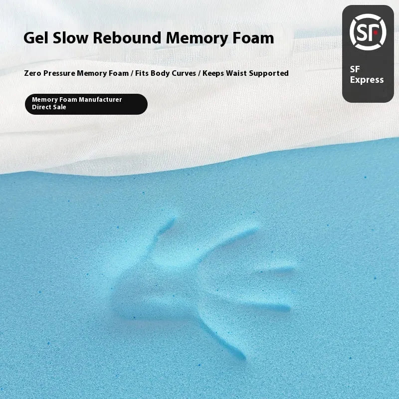 Thin gel memory cotton tatami mattress showing slow rebound and available in multiple sizes and thicknesses.