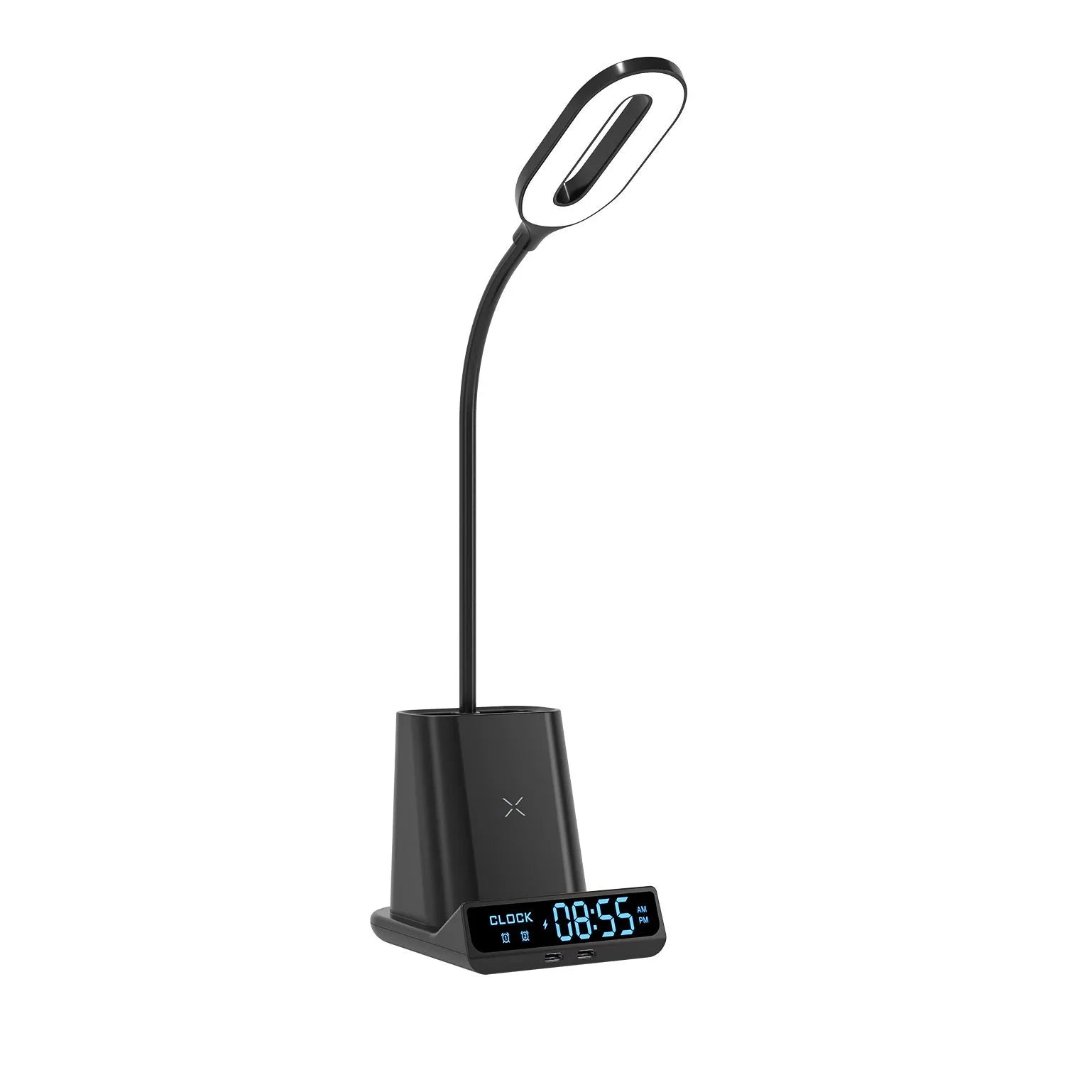 Modern desk lamp with wireless charging pad, pen holder compartments, and storage box