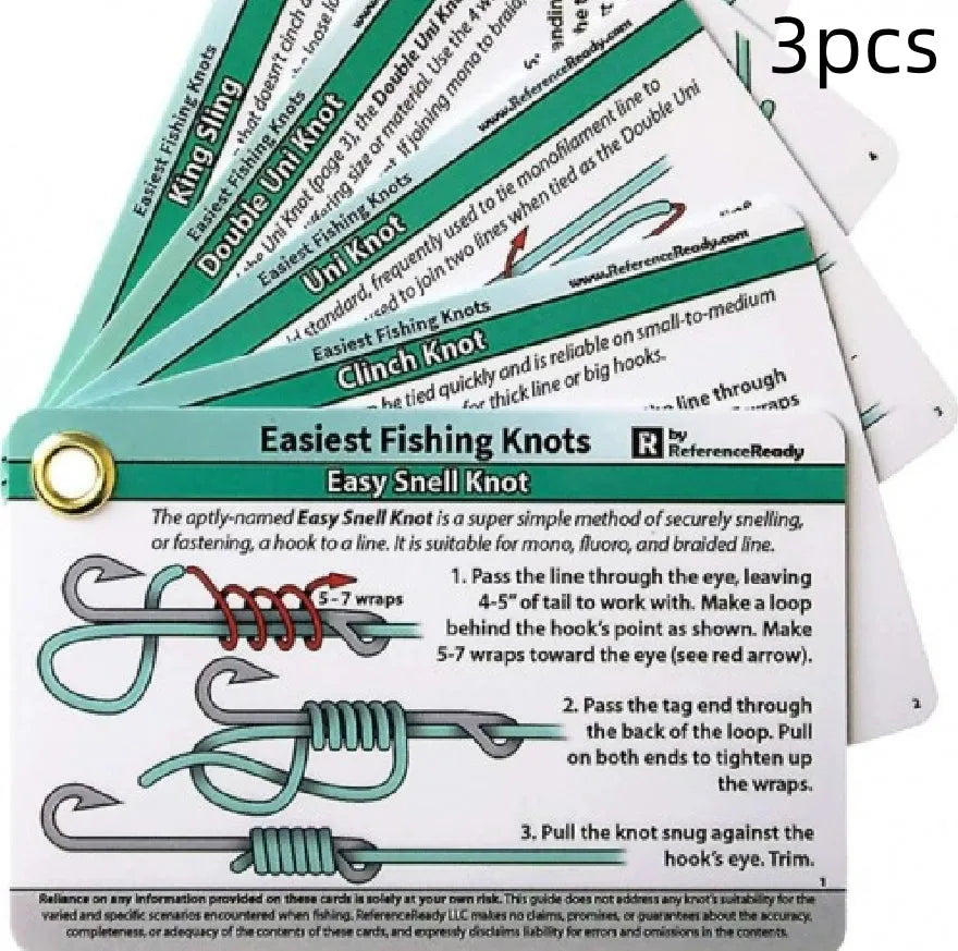 Set of 5 metal fishing knot diagram cards with clear knot illustrations on a metal surface