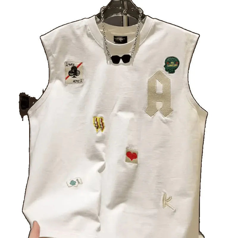 Men's white cotton sleeveless vest with cartoon print, loose fit casual top