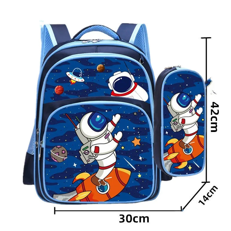 Blue children's school backpack with anime cartoon printing showing front pocket and shoulder straps