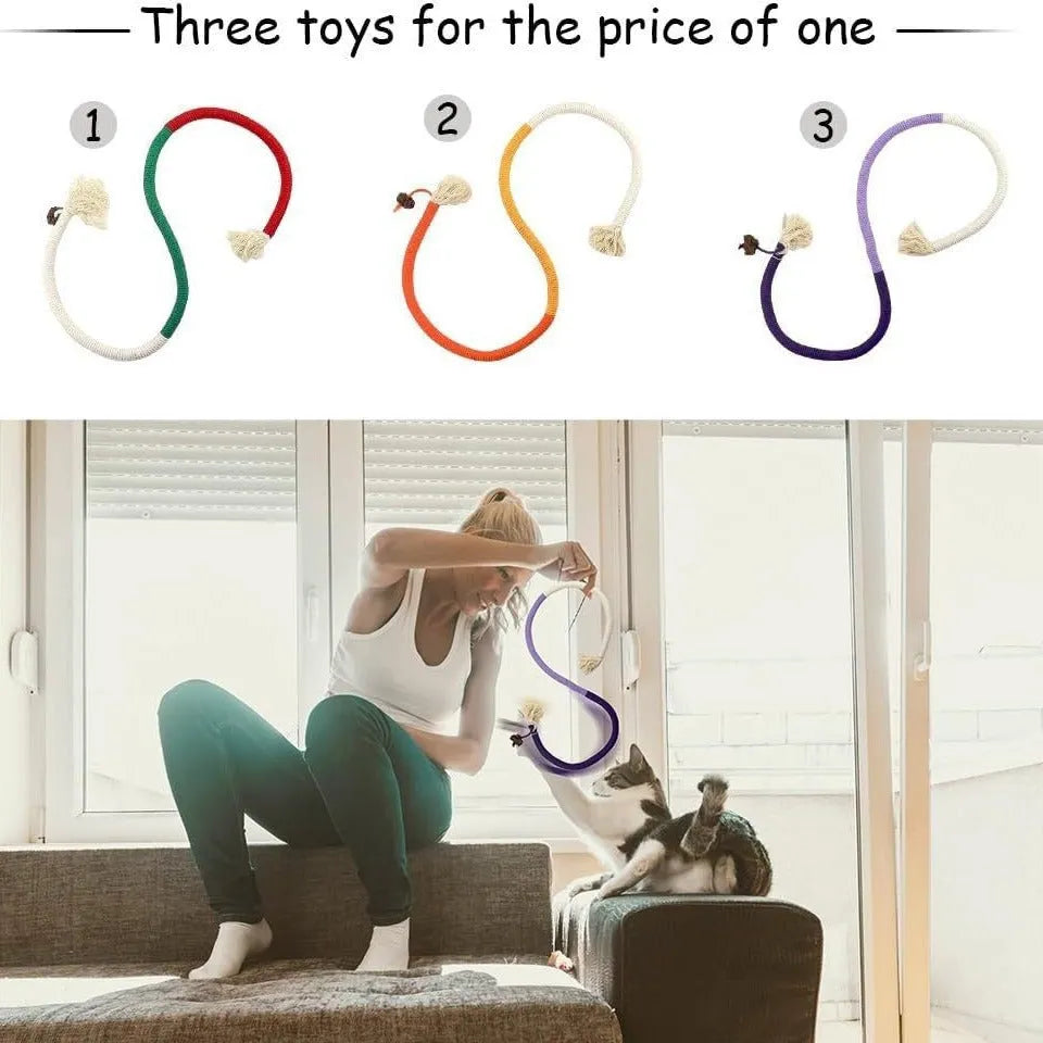 70cm long cat chew rope toy in three colours: purple, orange, and red with green, made from cotton string