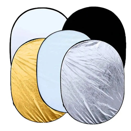 Collapsible 5-in-1 photography light reflector with gold, silver, white, black and translucent surfaces
