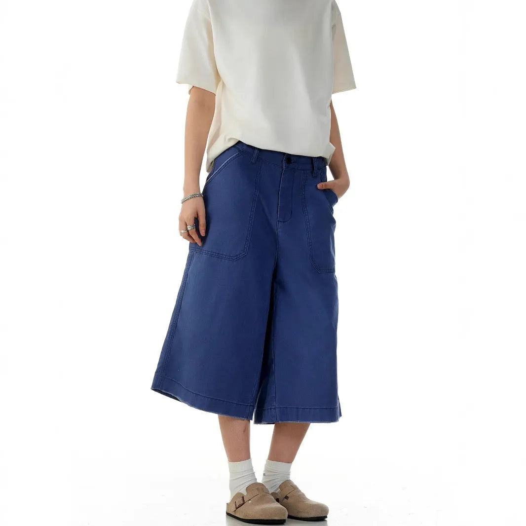 Men's French Blue cotton straight fit shorts with zipper fly on a plain background