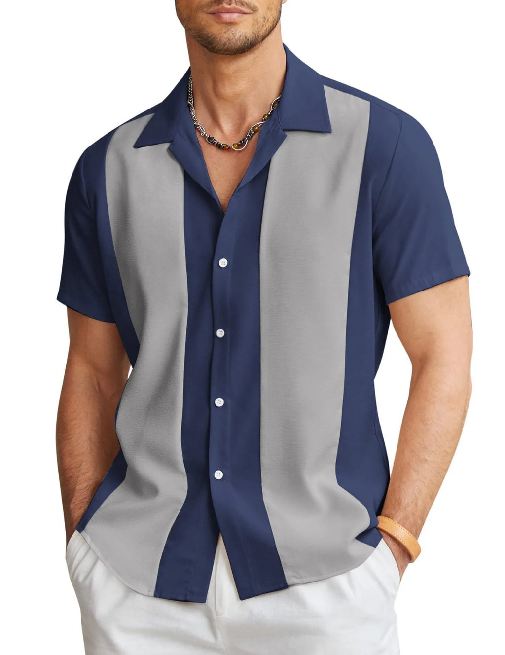 Men's slim fit short sleeve Hawaiian shirt cardigan in elastic polyester fabric