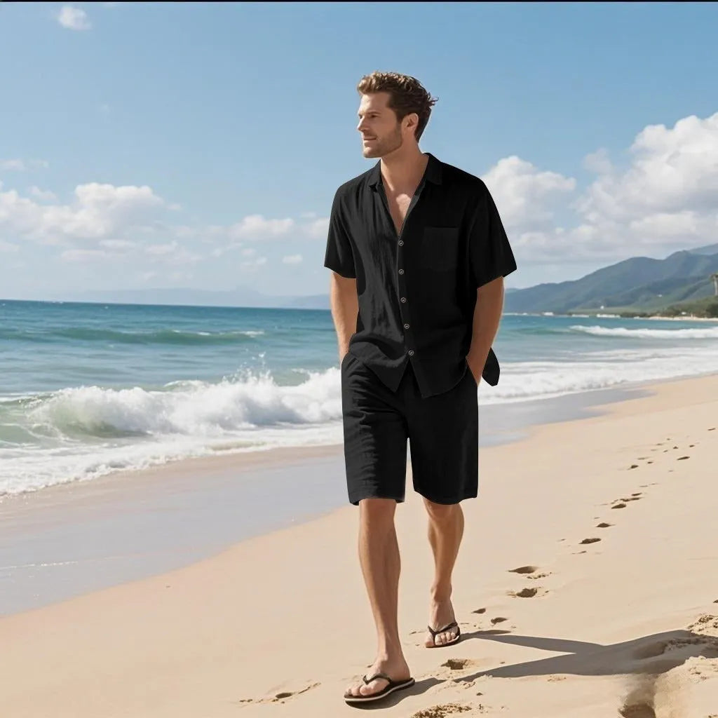 Linen blend short sleeve shirt and shorts beach suit set shown in light blue colour.