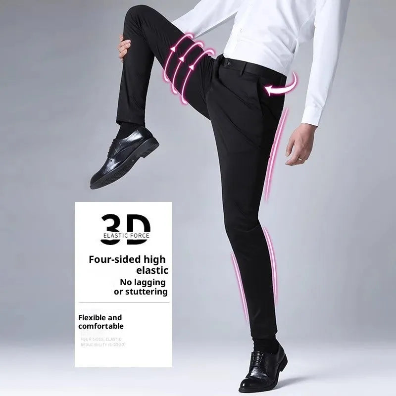 Men's black slim straight formal trousers made from polyester with micro-elastic waist, available in multiple colours and sizes 29-42