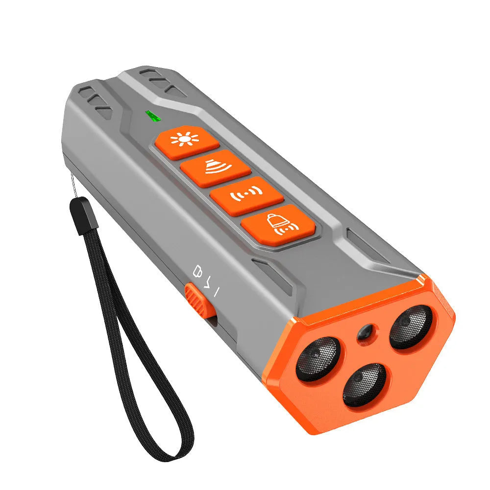 Three-head ultrasonic dog trainer in handheld ABS plastic case with adjustable controls
