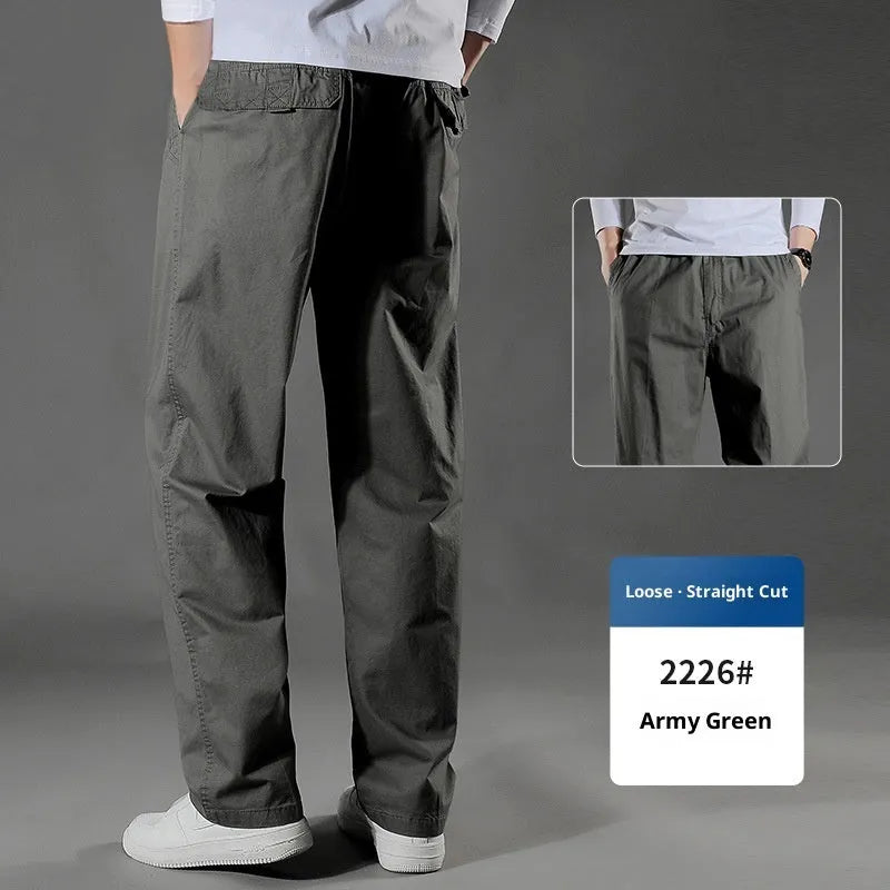 Men's cotton loose straight trousers zip placket workwear style, black colour, on model